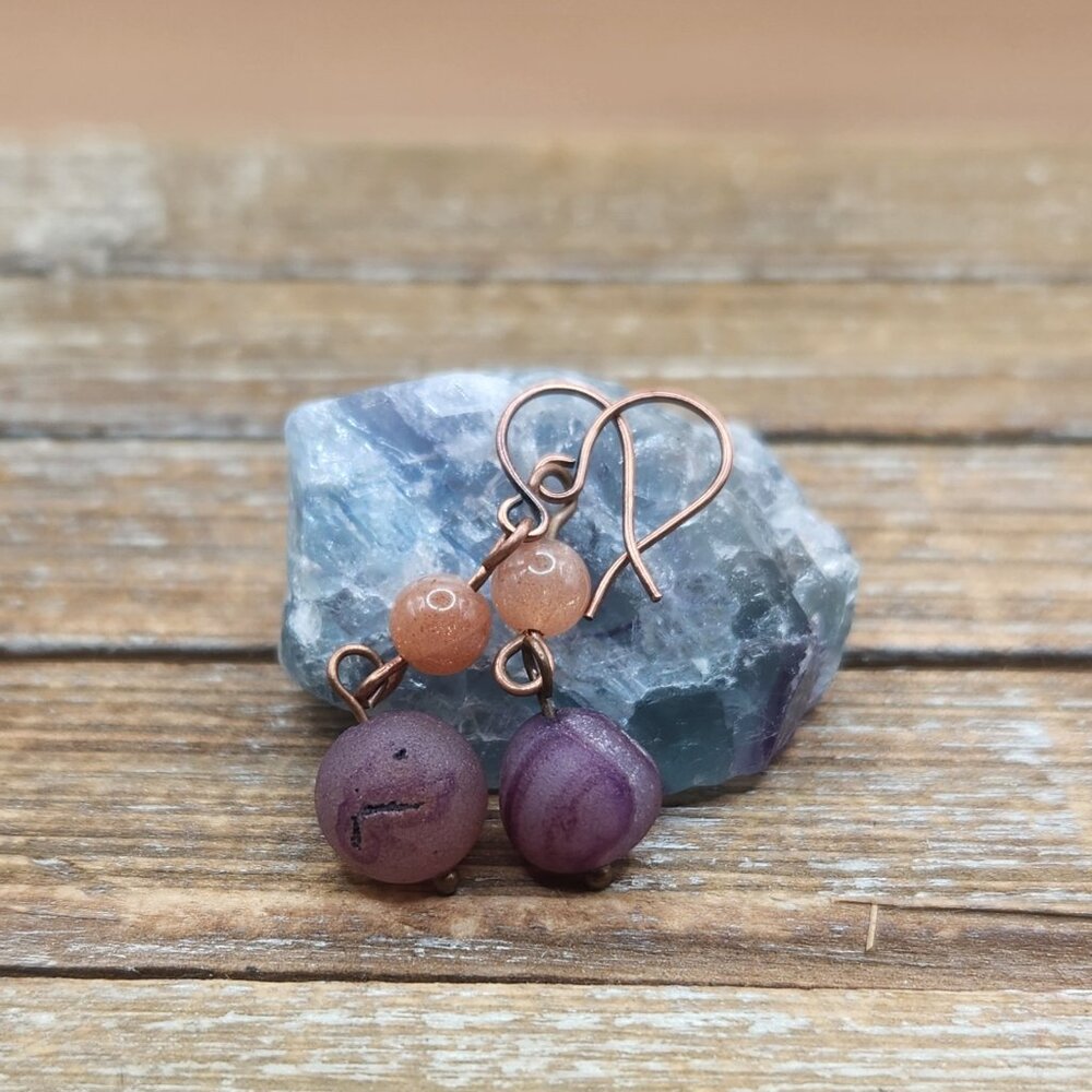 Purple Druzy Agate, Sunstone and Copper Drop Earrings
